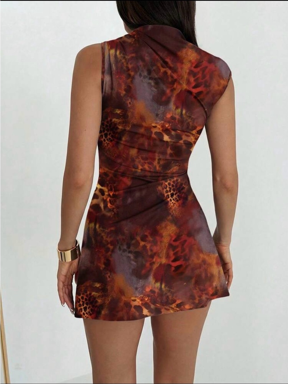 Elegant Sexy Brown Tie Dye Leopard Print Metal Decor Ruched Hem Mini Dress - Picture 3 of 4